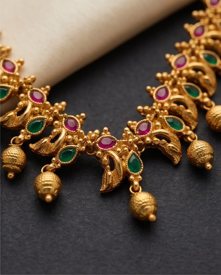 Gold necklace with red and green gemstones on a dark surface