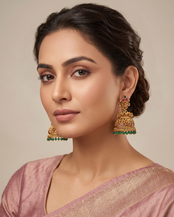 Woman wearing gold and green earrings with a neutral background