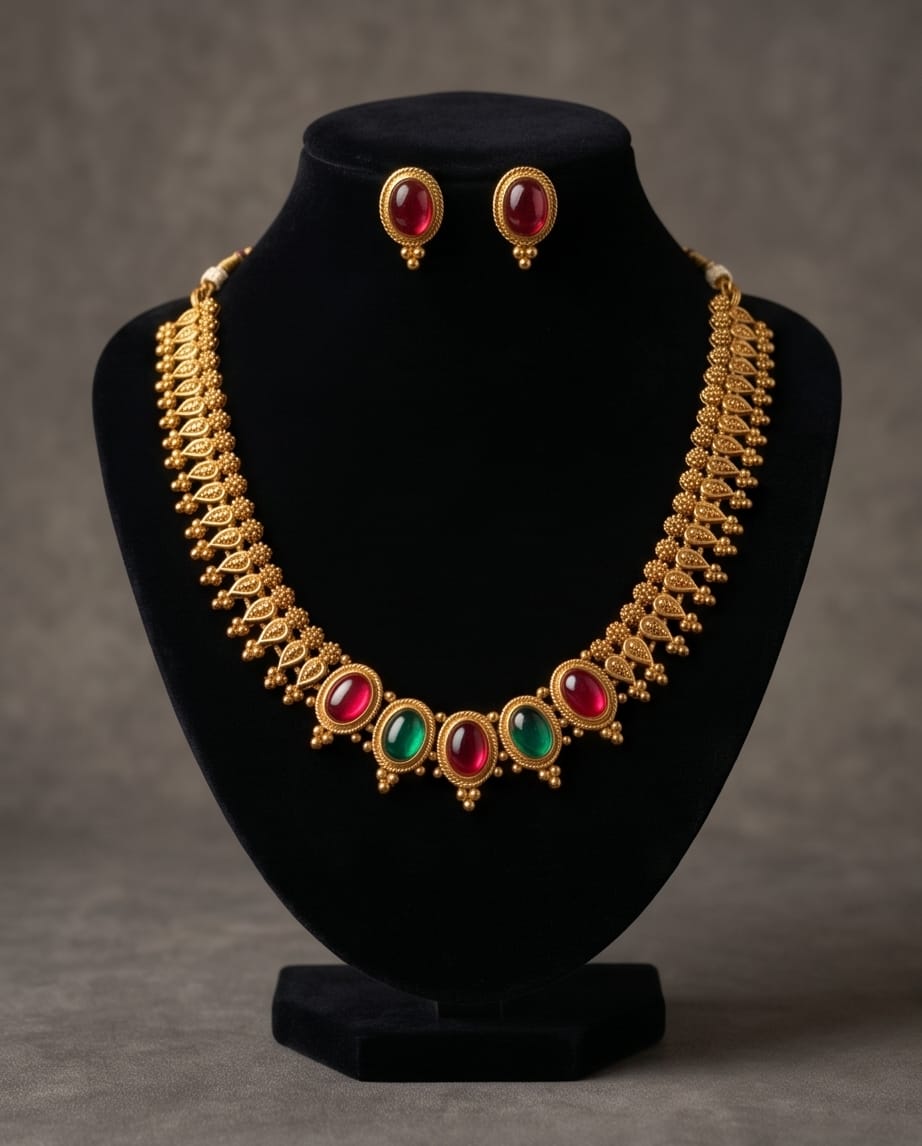 Gold necklace with red and green gemstones and matching earrings on a black stand against a gray background