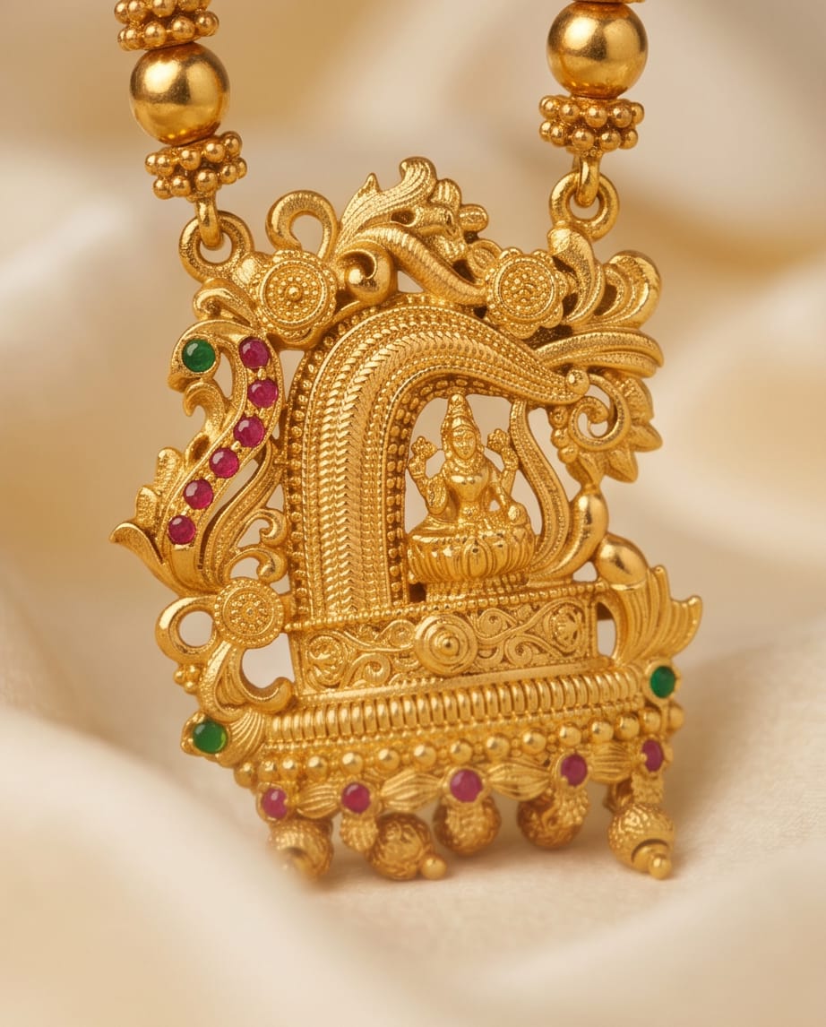 Gold pendant with intricate design and gemstones on a beige background