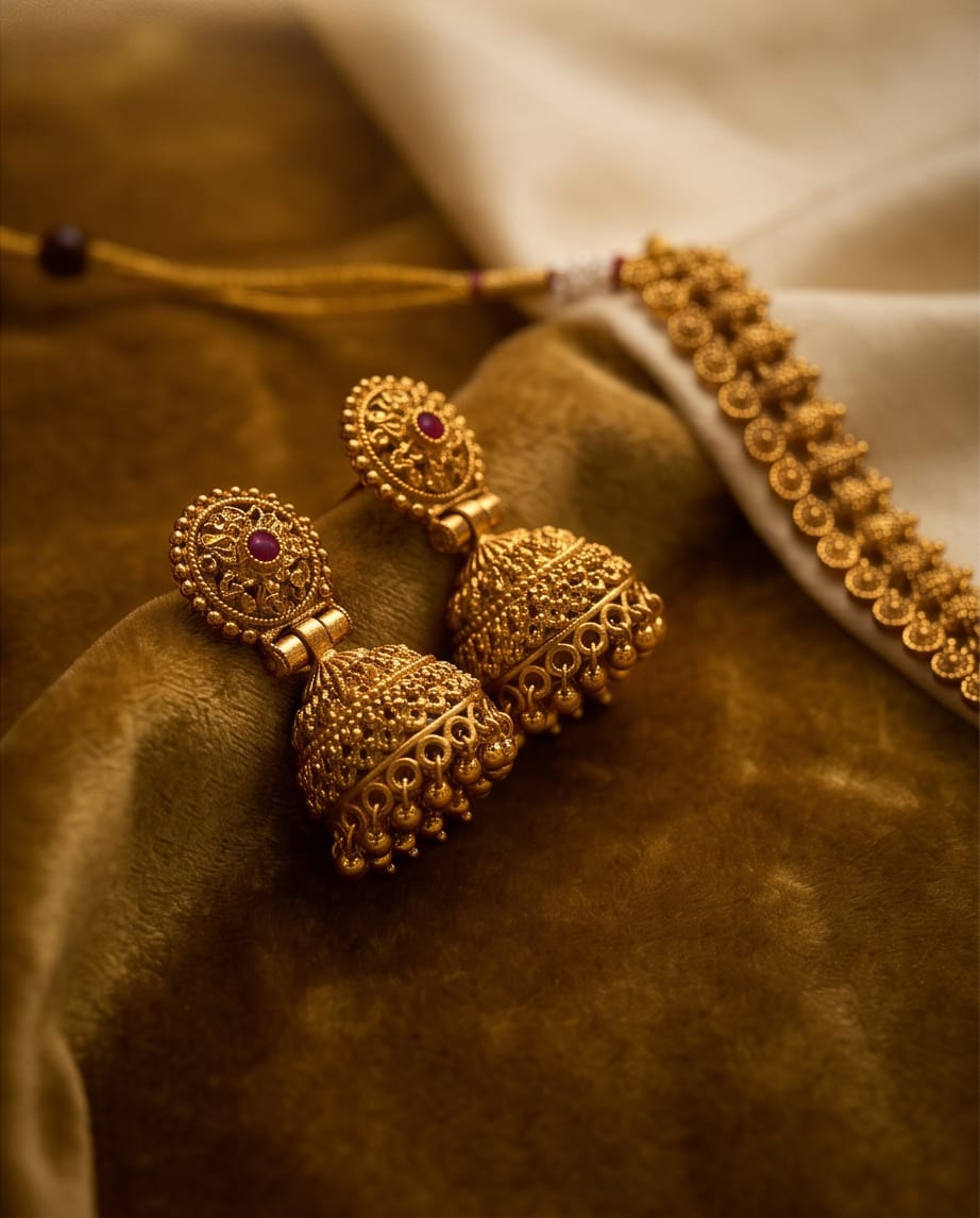 Gold earrings with red gemstones on a brown fabric background