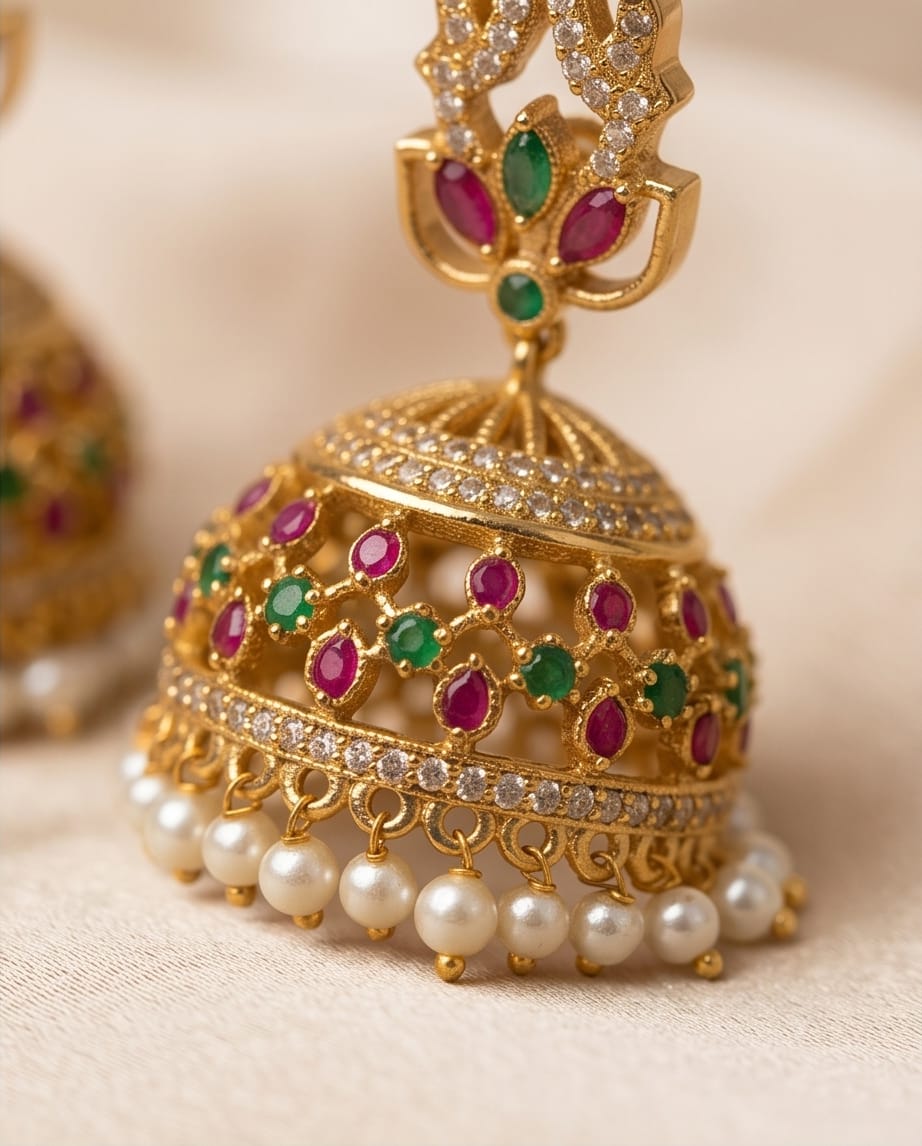 Gold jhumka with pearls, red and green gemstones on a beige background