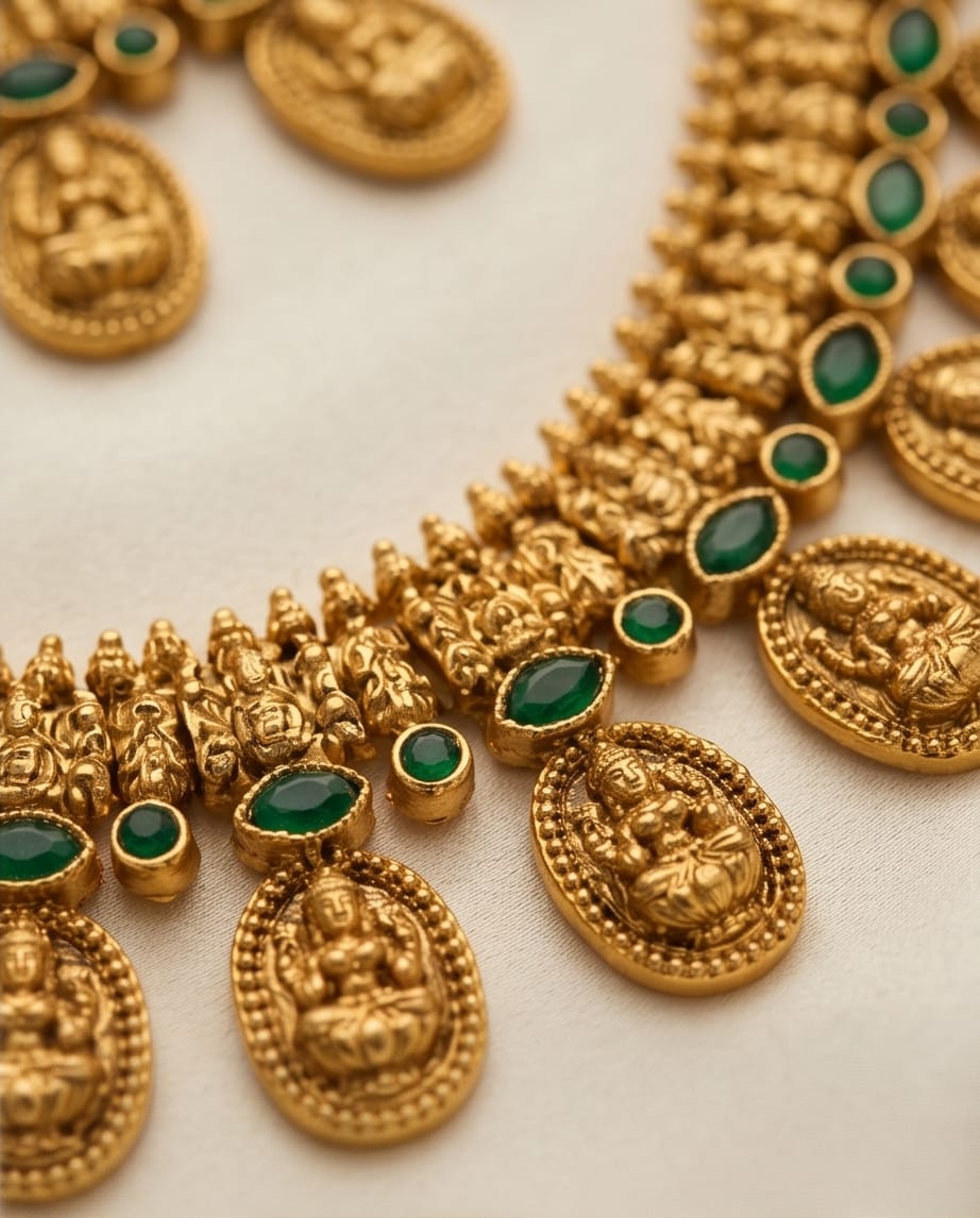 Gold necklace with green gemstones on a light background