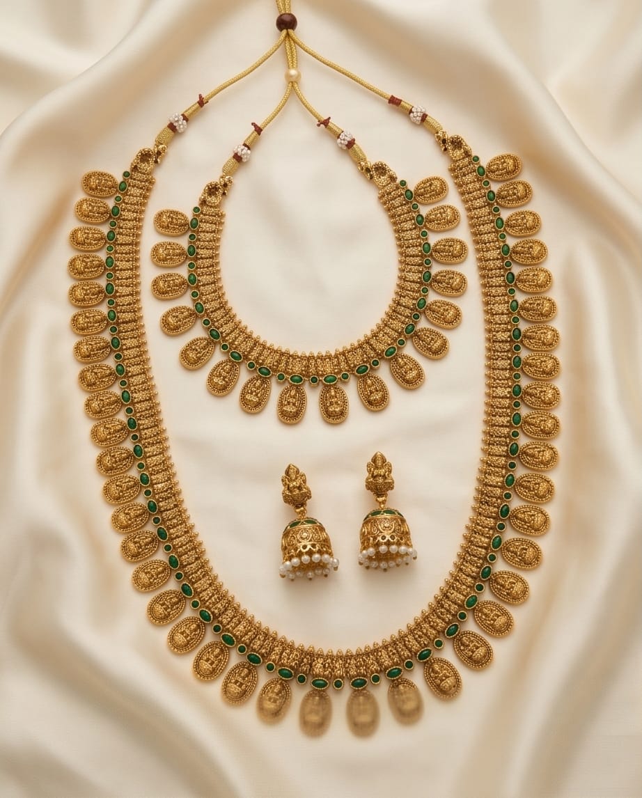 Gold necklace with green stones and matching earrings on a beige fabric background