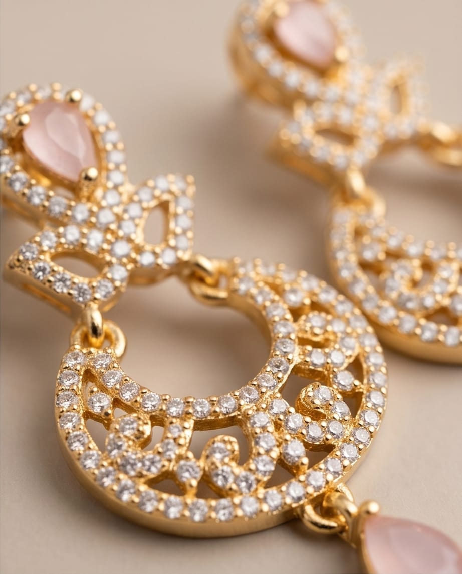 Gold hoop earrings with pink stones on a beige background