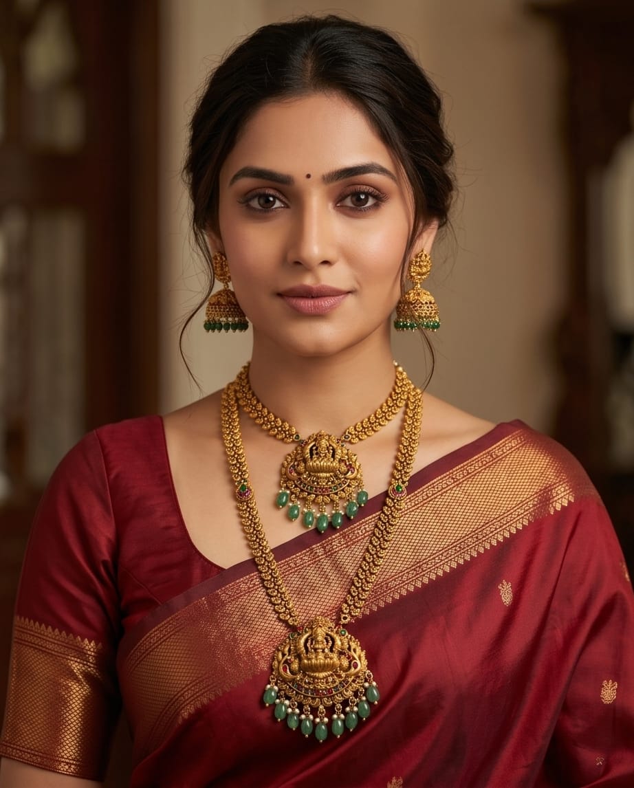 Woman wearing traditional jewelry and a saree with a blurred background