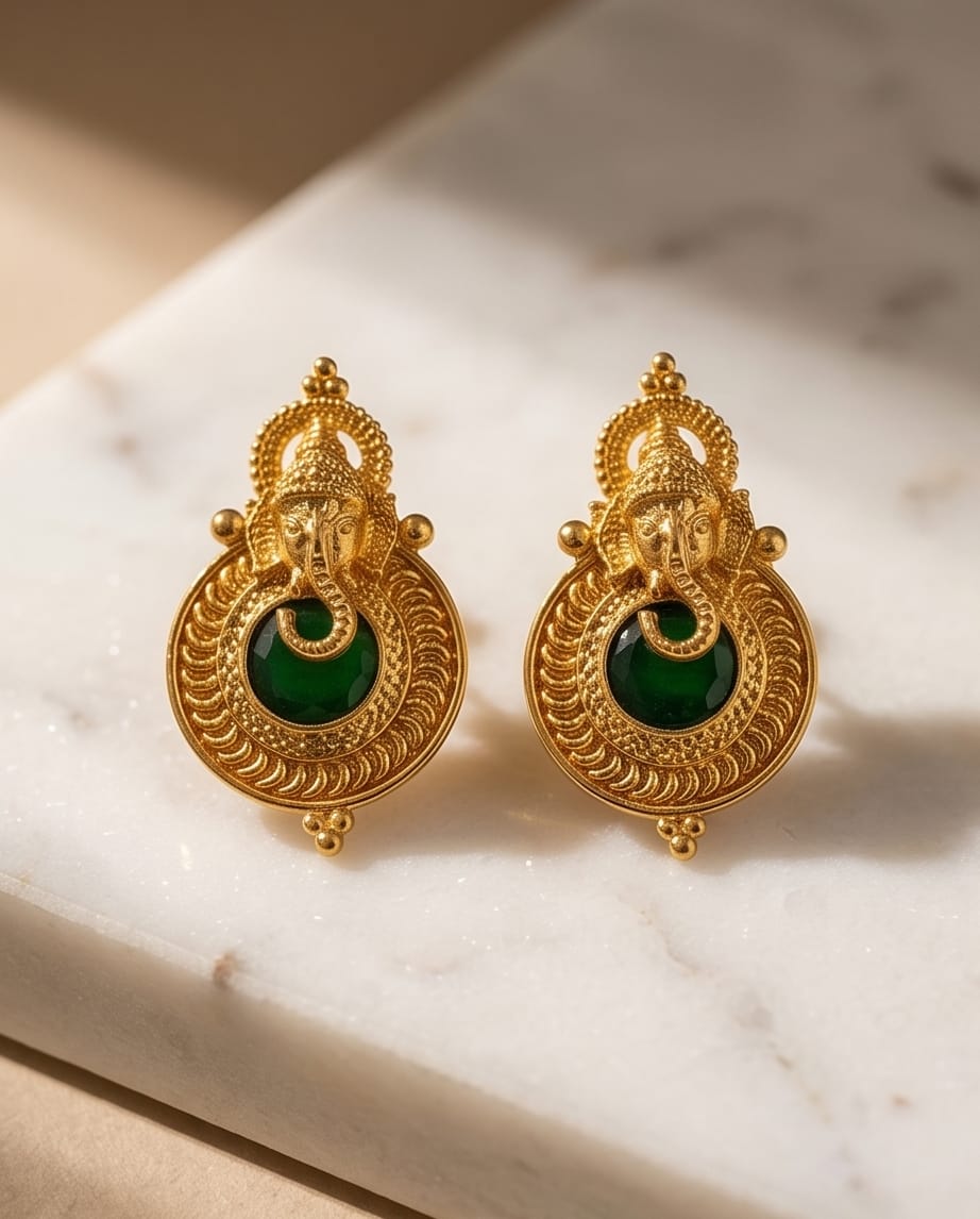 Gold earrings with green gemstones on a marble surface