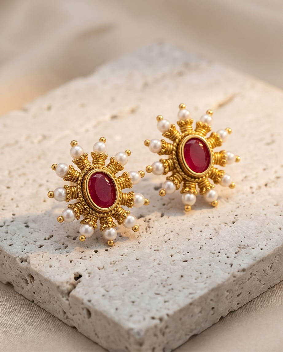 Gold earrings with red stones and pearl accents on a textured surface