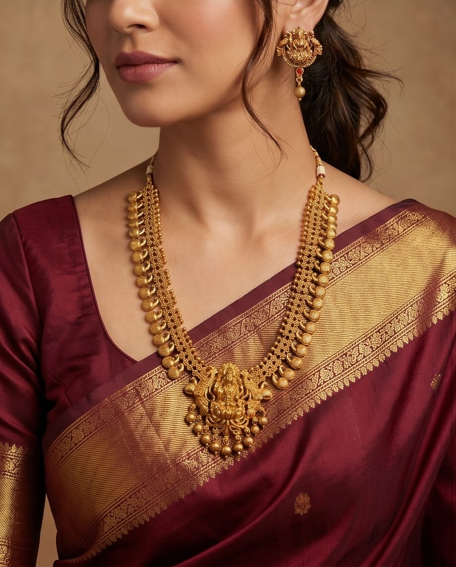 Woman wearing a maroon saree with gold jewelry including a necklace and earrings.