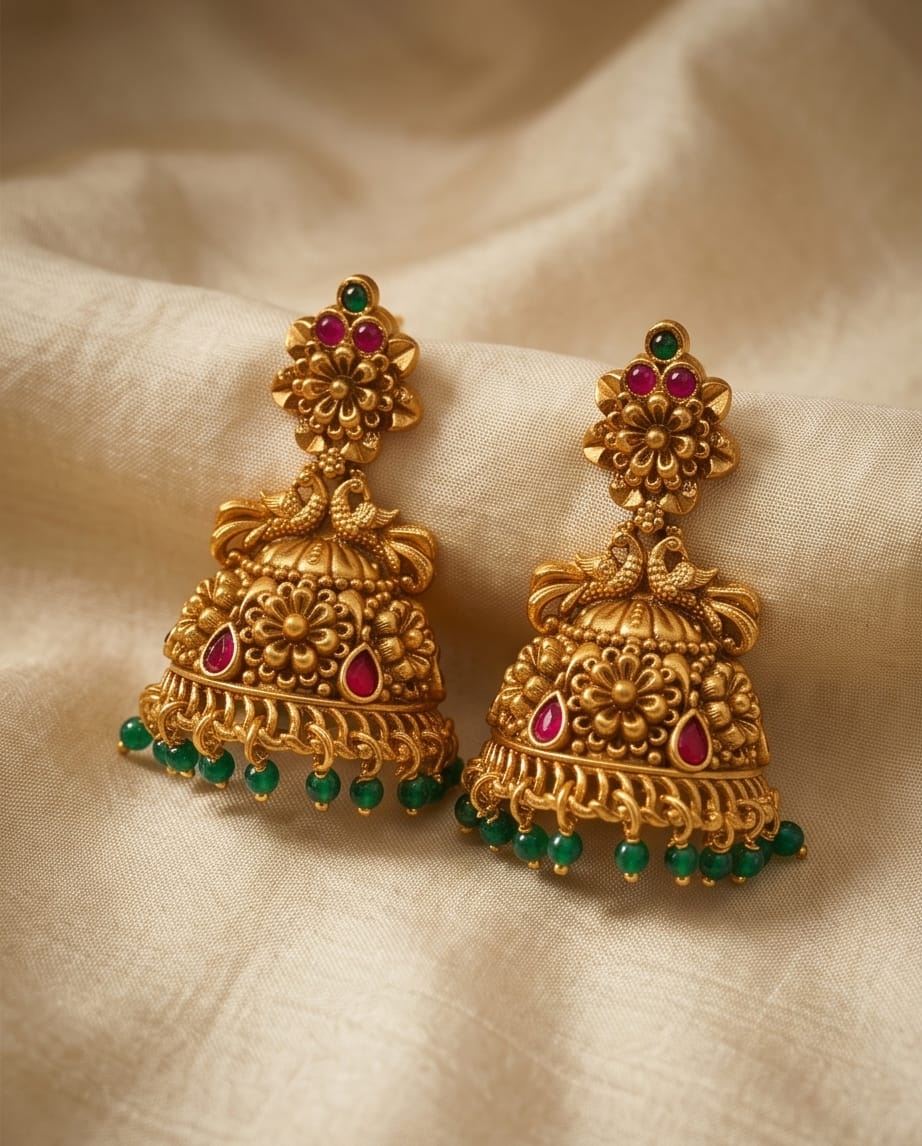 Gold earrings with red and green gemstones on a beige fabric background