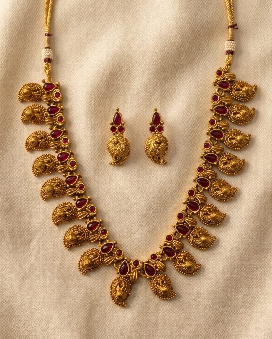 Gold necklace with red stones and matching earrings on a beige fabric background