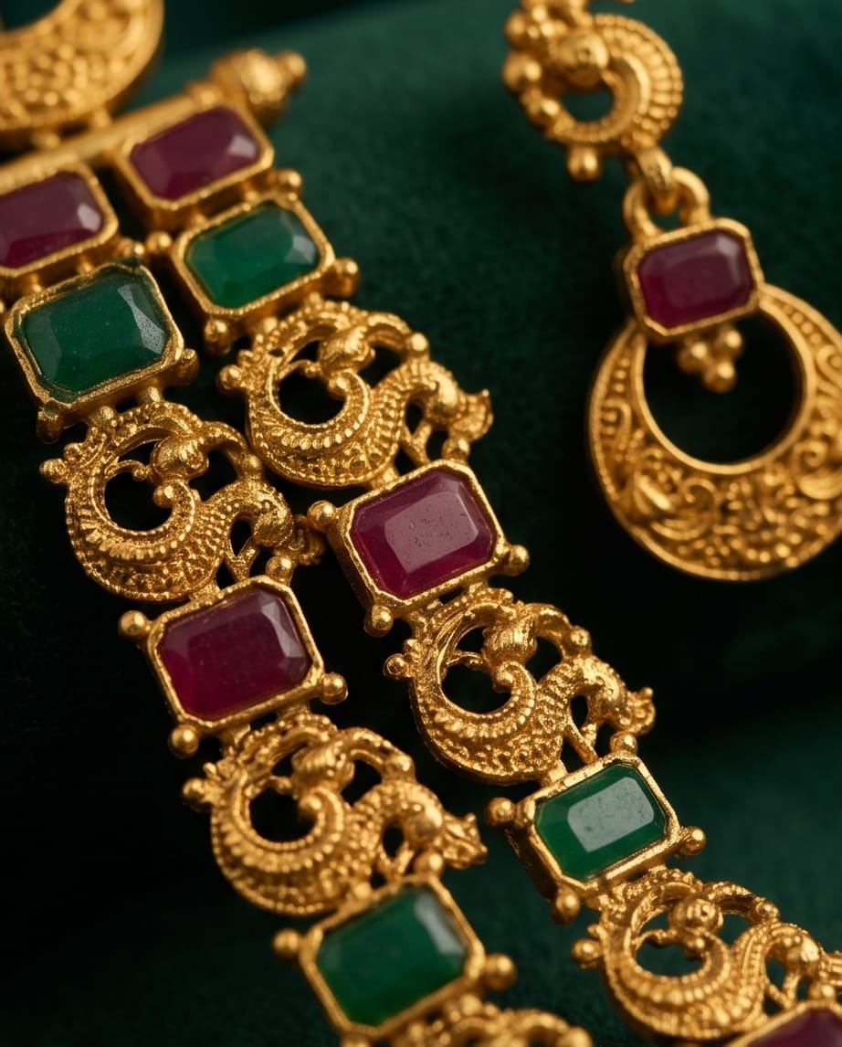 Ornate gold necklace with red and green gemstones on a dark background