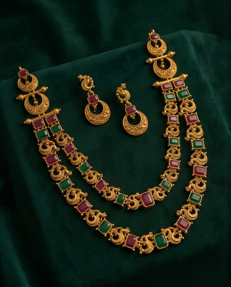 Gold necklace with red and green gemstones on a dark green fabric background