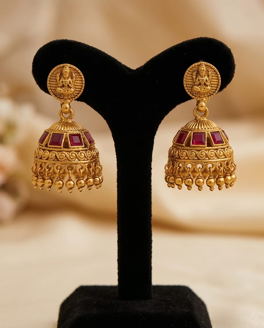 Gold earrings with red stones on a black stand against a beige background