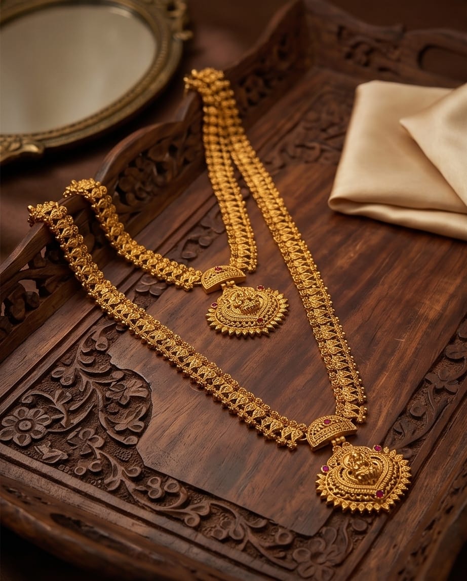 Gold necklace with intricate designs on a wooden surface