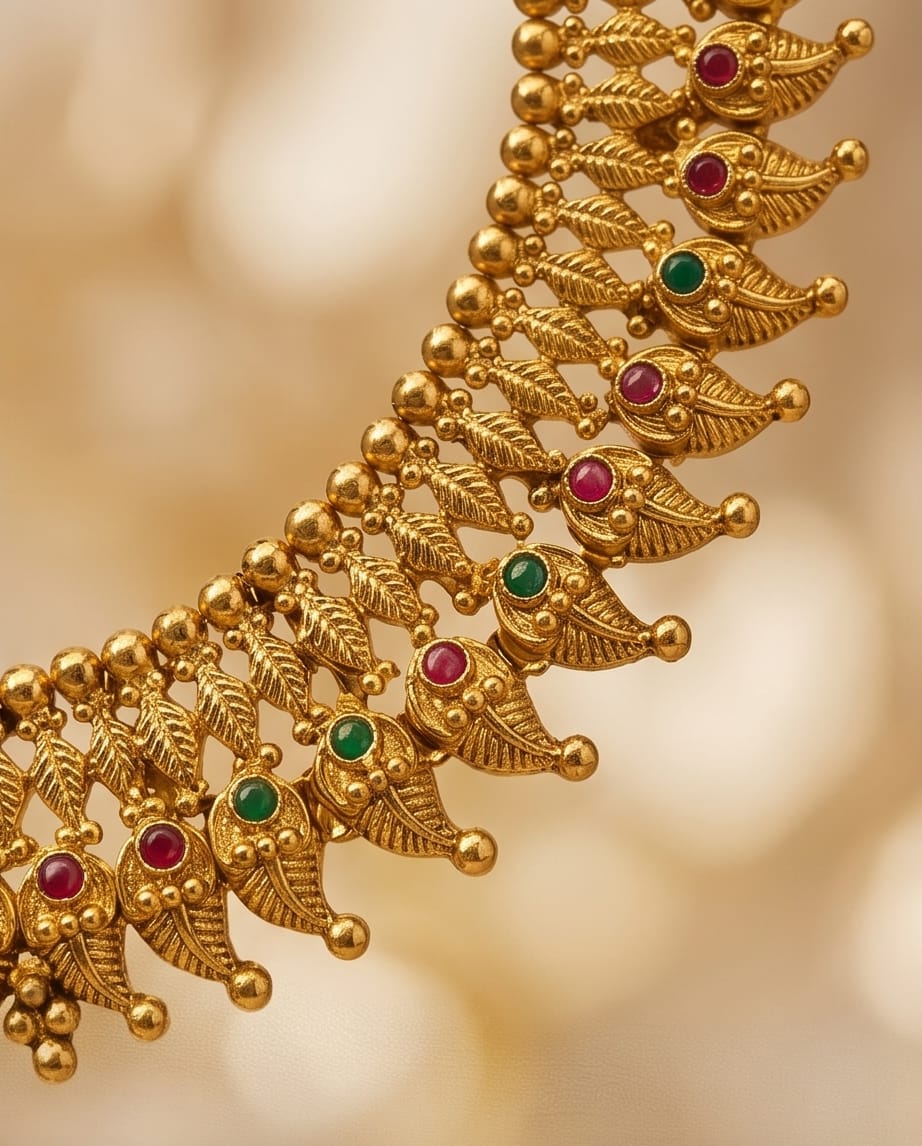Gold necklace with red and green gemstones on a blurred gold background
