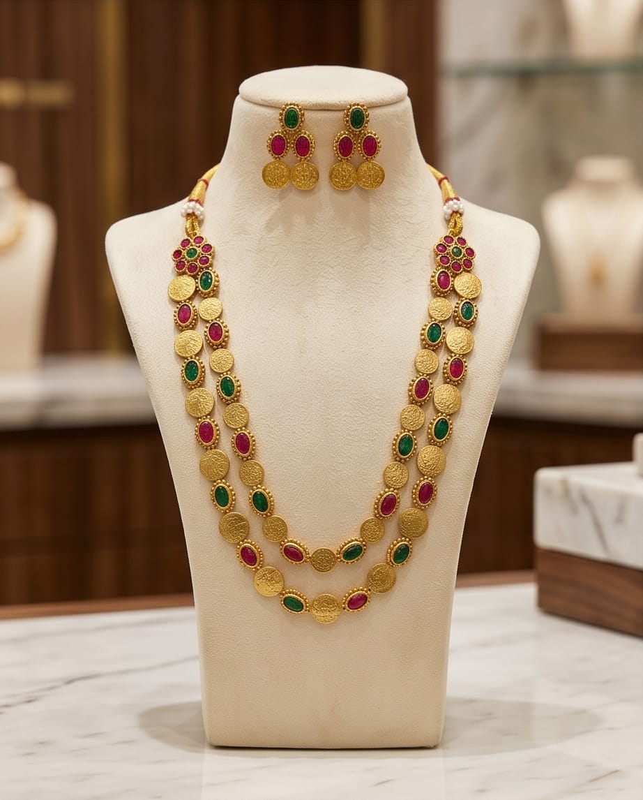 Gold necklace with colorful stones and matching earrings on a mannequin bust.
