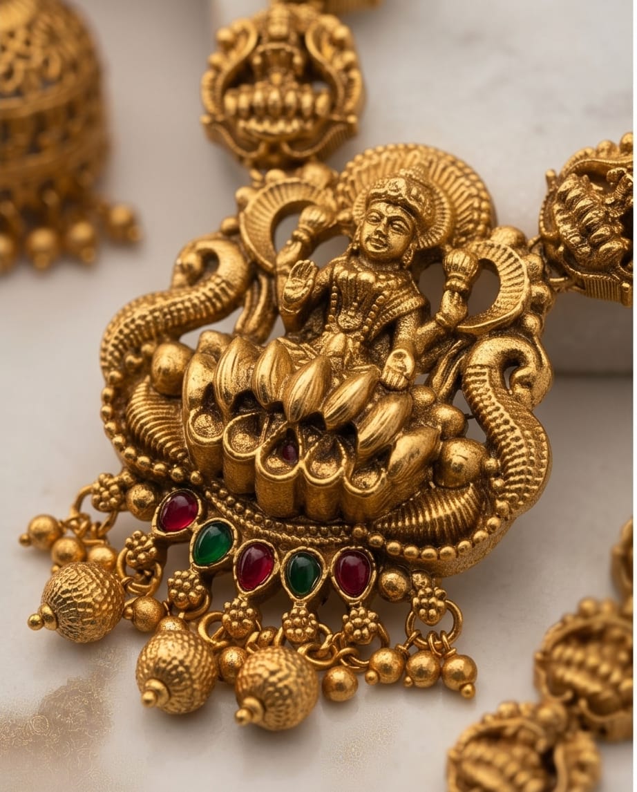 Gold necklace with intricate design and red and green gemstones on a light background