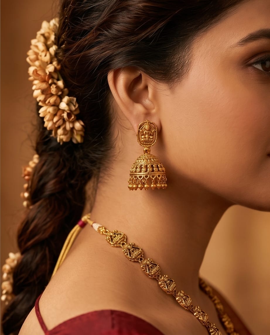 Close-up of a woman wearing gold earrings and a necklace with a blurred background