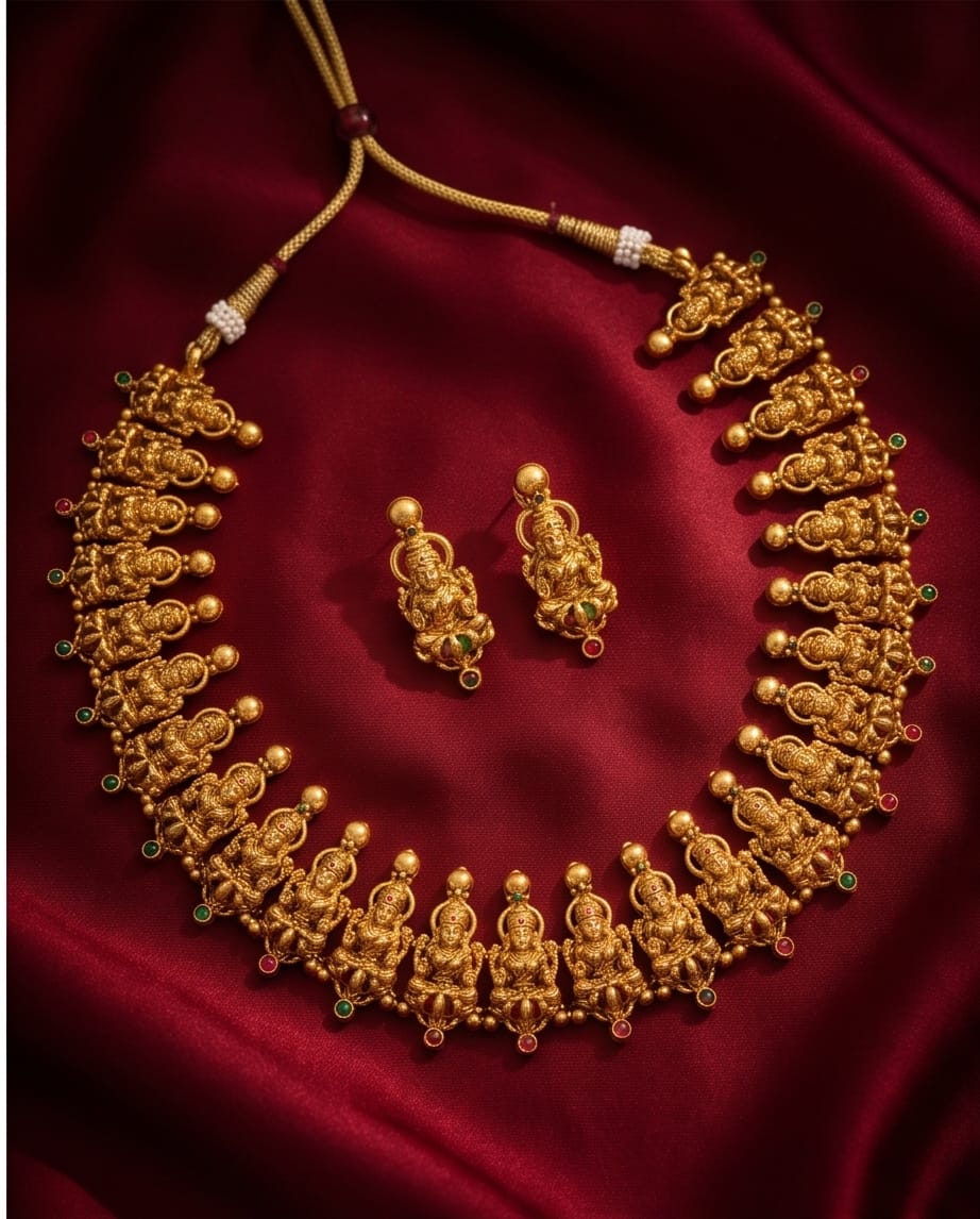 Gold necklace and earrings on a red fabric background