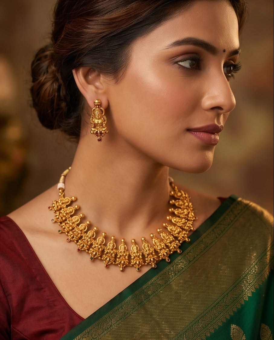 Woman wearing gold jewelry with a blurred background