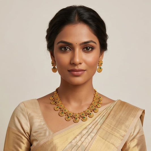 Woman wearing gold jewelry including a necklace and earrings on a neutral background