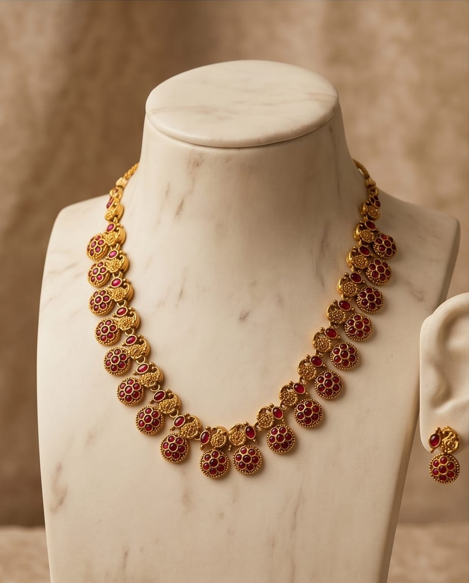 Gold necklace with red stones on a marble mannequin against a beige background
