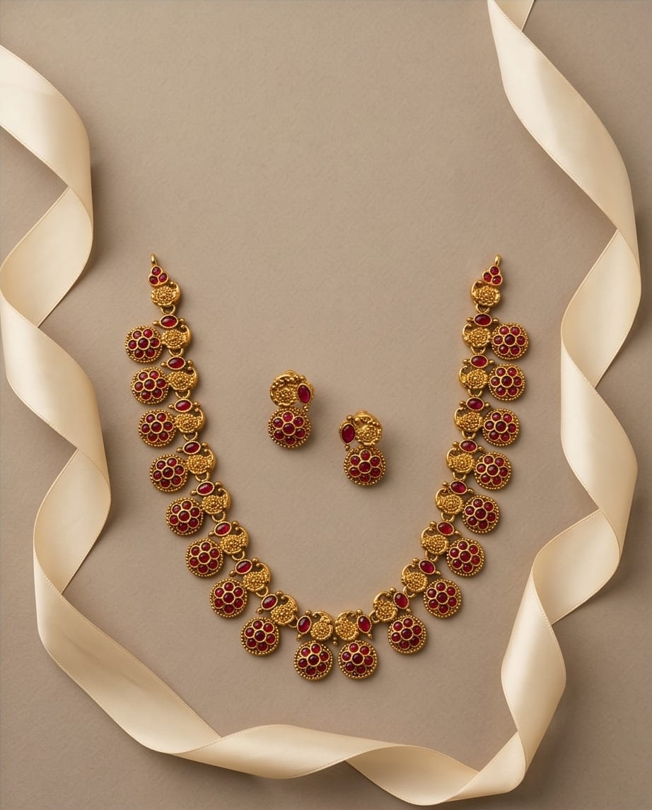 Gold necklace with red stones and matching earrings on a beige background with ribbons.