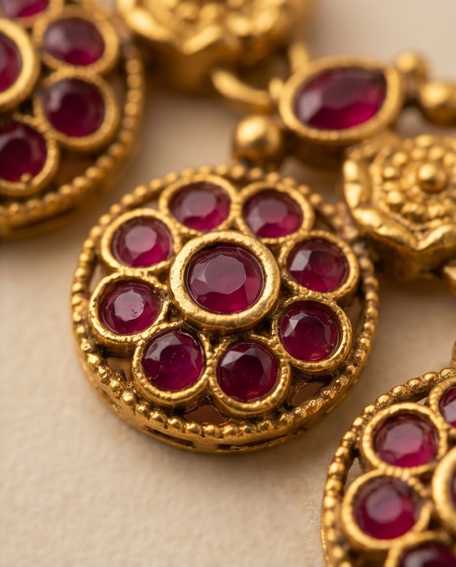 Gold and red gemstone jewelry on a beige background