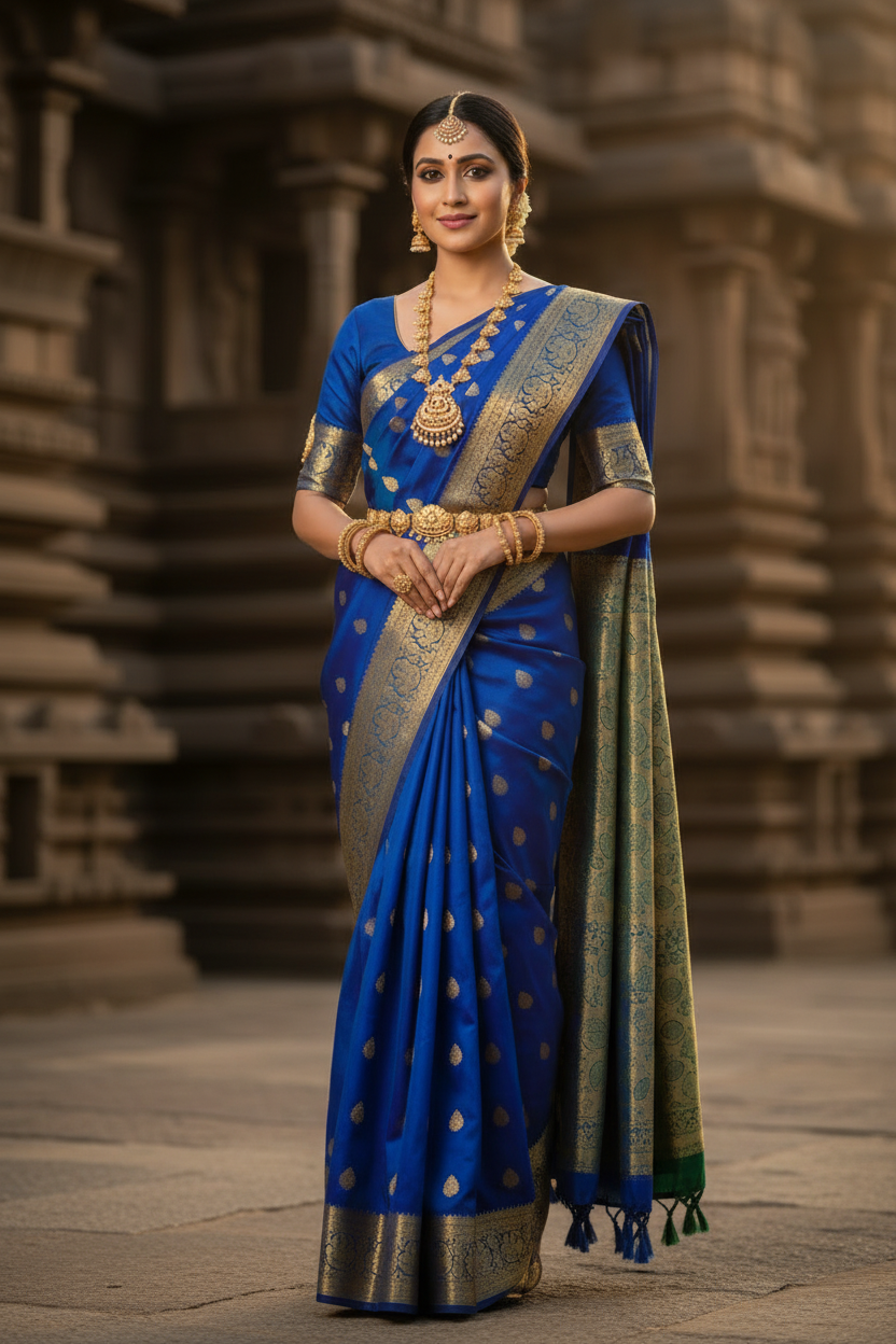 Woman in a green saree with gold jewelry standing in front of an architectural background